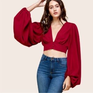 Signature8 Elegant Red Deep V-Neck Blouse Statement Puff Sleeves
